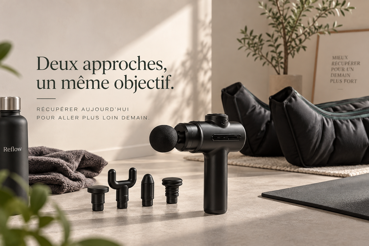 Pistolet de massage noir et quatre embouts au premier plan, bottes de pressothérapie en arrière-plan, avec le titre « Deux approches, un même objectif »