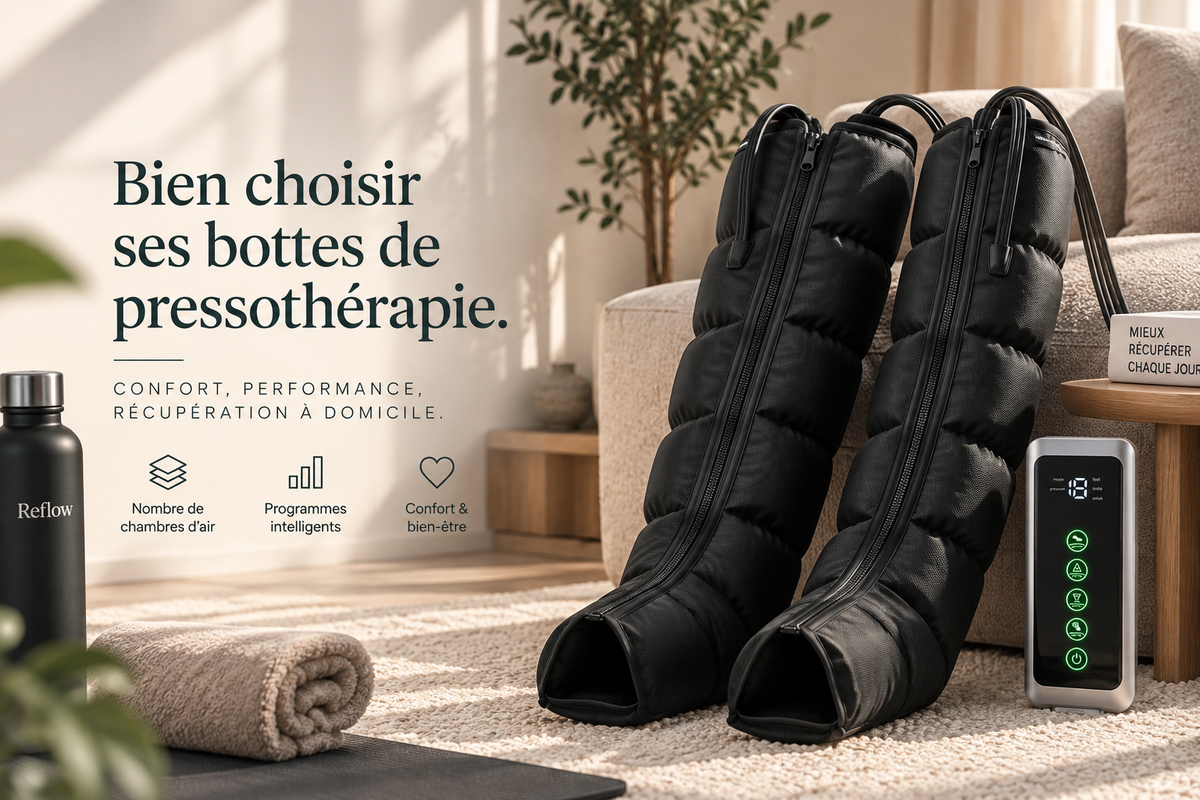 Paire de bottes de pressothérapie noires posées près d'un canapé avec leur boîtier de commande, et le titre « Bien choisir ses bottes de pressothérapie »