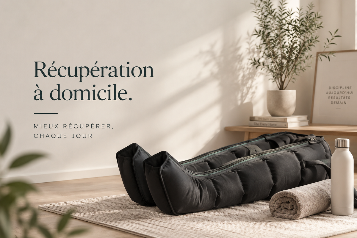Bottes de pressothérapie noires posées sur un tapis à côté d'une serviette roulée et d'une gourde, avec le titre « Récupération à domicile » Image