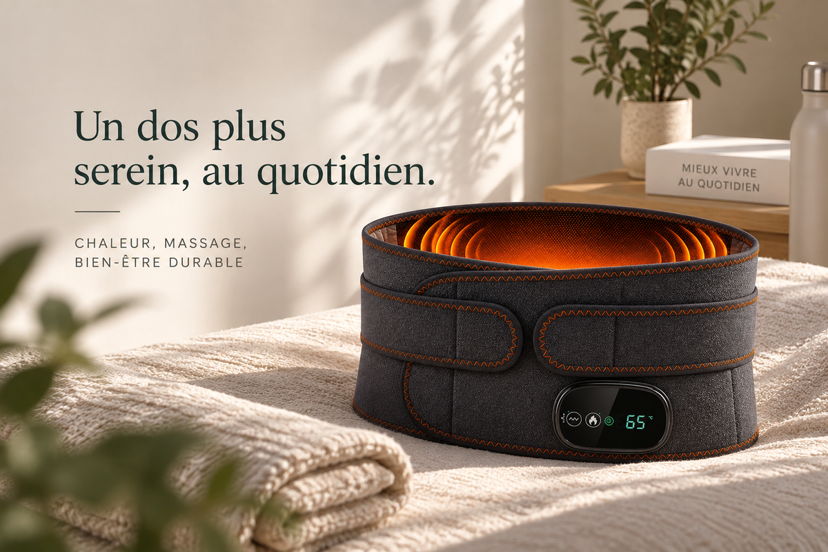 Ceinture lombaire chauffante et massante gris anthracite posée sur une serviette, écran de réglage allumé, avec le titre « Un dos plus serein, au quotidien »